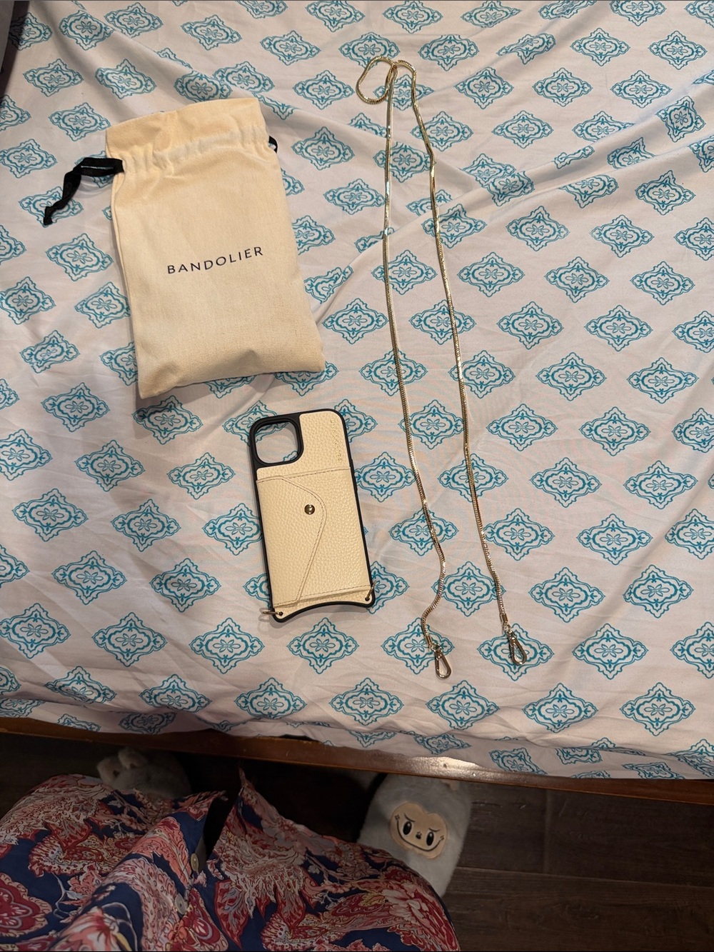 Bandolier Cream Leather Crossbody Phone Case with Gold Chain Strap